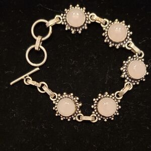 Pale Pink Rose Quartz & 925 Stamped Silver Link Bracelet, 7", NWOT, Artisan Made